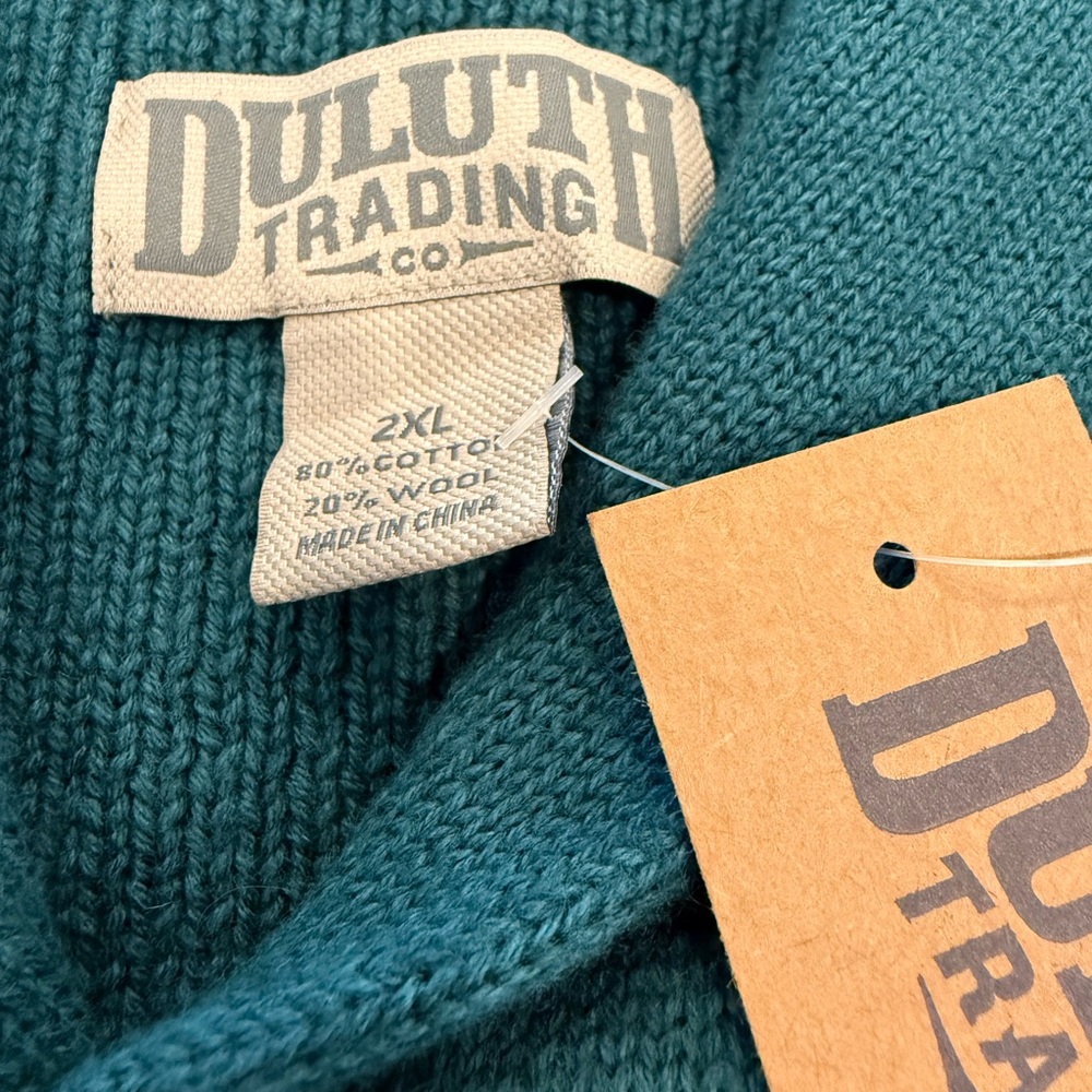 NWT Duluth Trading Shawl Collar Sweater 2XL Blue Green Cotton Wool Brigadier - Picture 8 of 9